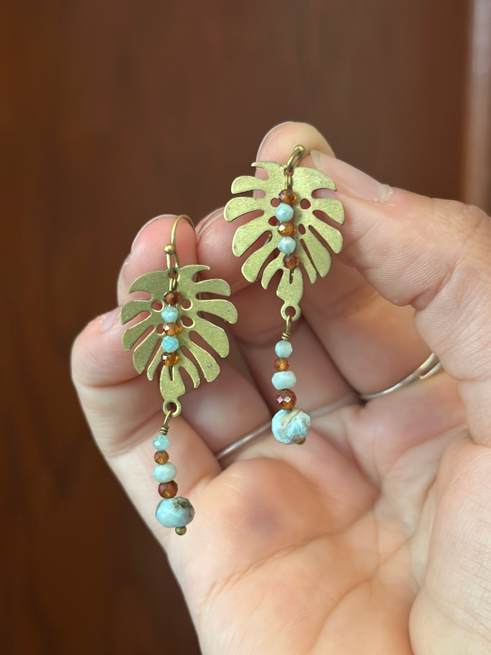 Monstera leaf plant earrings metal & stone